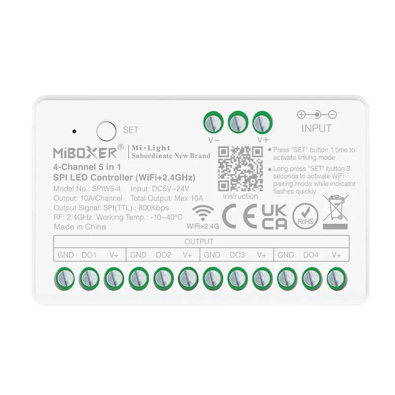 Klienci polecają - MiBoxer SPIW5-4 4-kanałowy sterownik SPI LED 5 w 1, Wi-Fi + RF 2,4 GHz, Tuya Smart, DC 5-24V