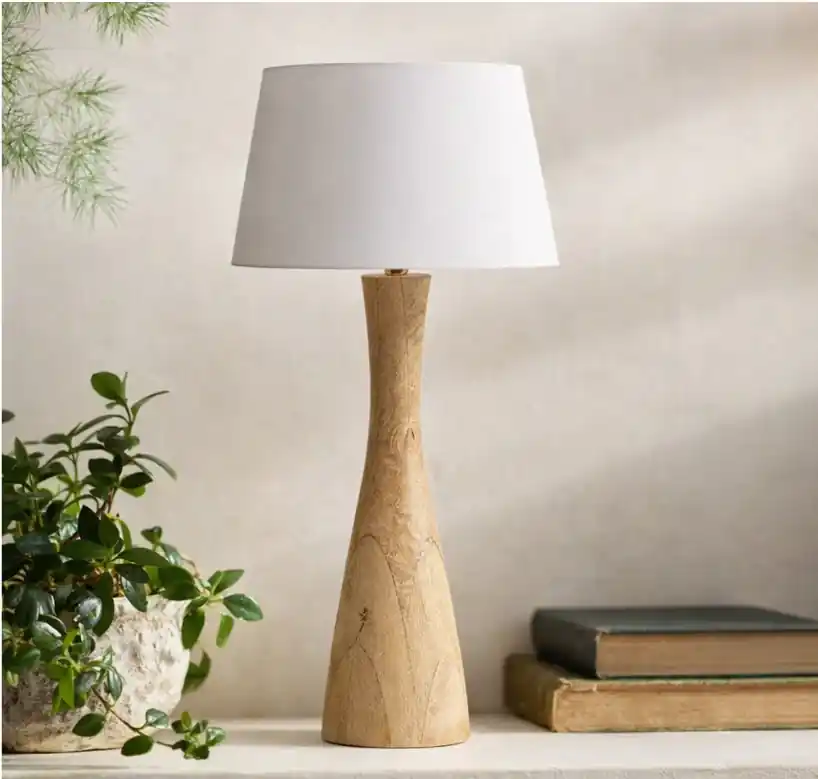 ADANI Aspen AD369 wysoka lampa stołowa z drewna mango z lnianym abażurem, naturalny beż, 76 cm | Skorzystaj teraz