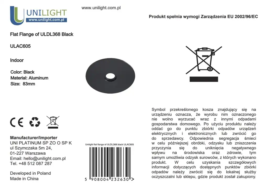 Do wyczerpania zapasów - ULAC605 płaska rozeta maskująca do oprawy ULDL368, czarna, Ø83 mm