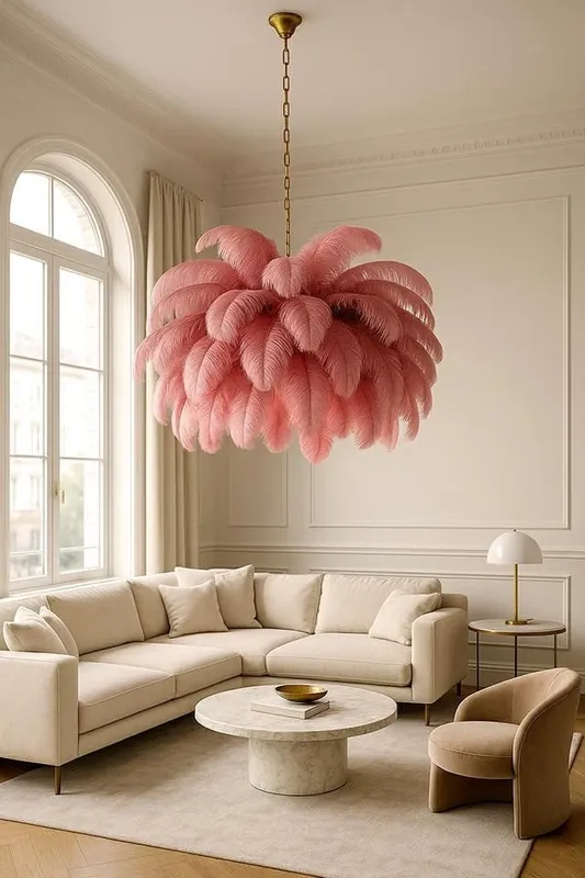 MOOSEE lampa wisząca TIFFANY 135 różowa mosiądz / naturalne pióra | Tylko przez ograniczony czas