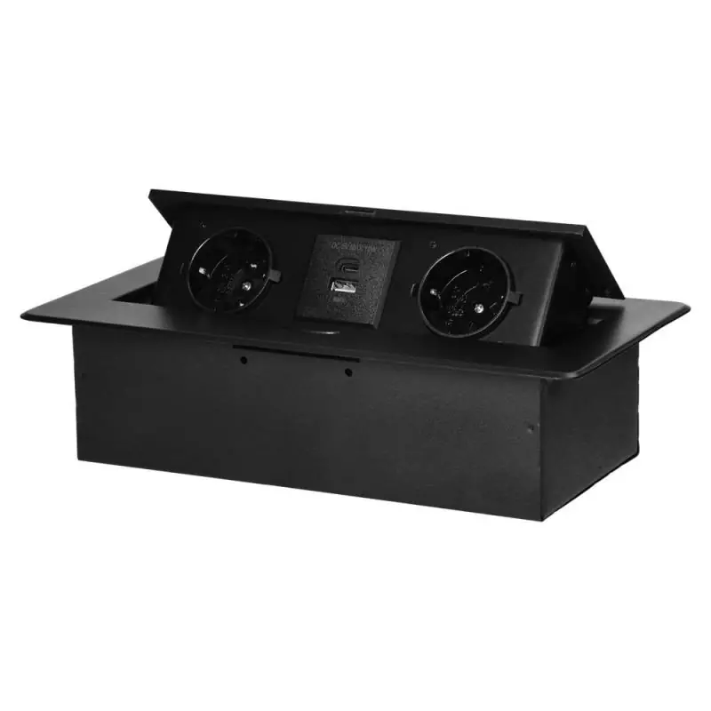 Cena fabryczna | Gniazdo meblowe wpuszczane w blat z klapką, 2x Schuko, USB-A + USB-C 3,6A, czarne IP20
