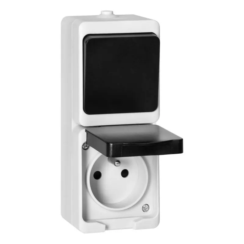 Duży rabat | Łącznik jednobiegunowy + Gniazdo 2P+Z AQUATIC MINI IP54 biało-czarne
