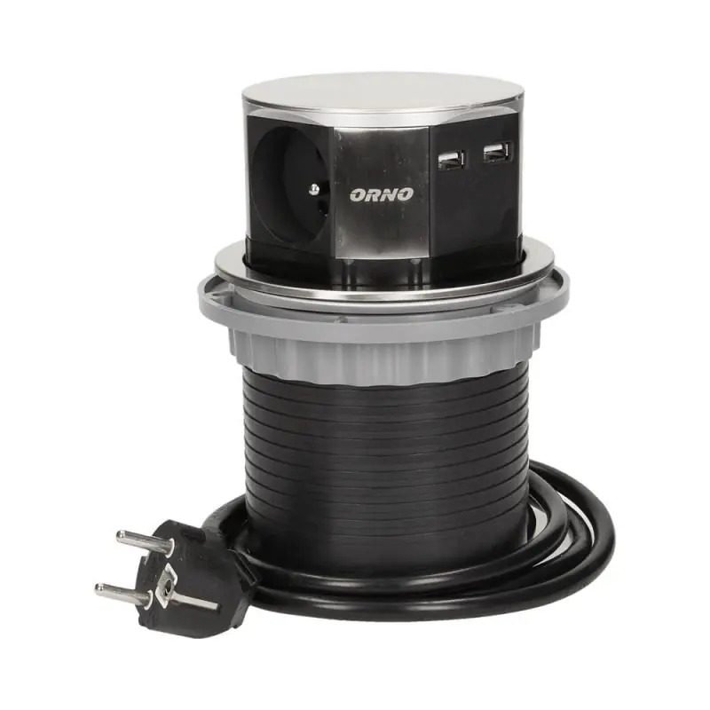 Wygodne zakupy | Gniazdo wpuszczane w blat 3x250V z ładowarką USB 1,5m INOX OR-AE-1381
