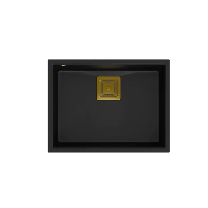 David 50 + nano pvd zlewozmywak 1-komorowy podwieszany z kwadratowym odpływem + syfon save space w kolorze pvd pure carbon / elementy złote HQD5542U7-G1 - Ograniczona dostępność