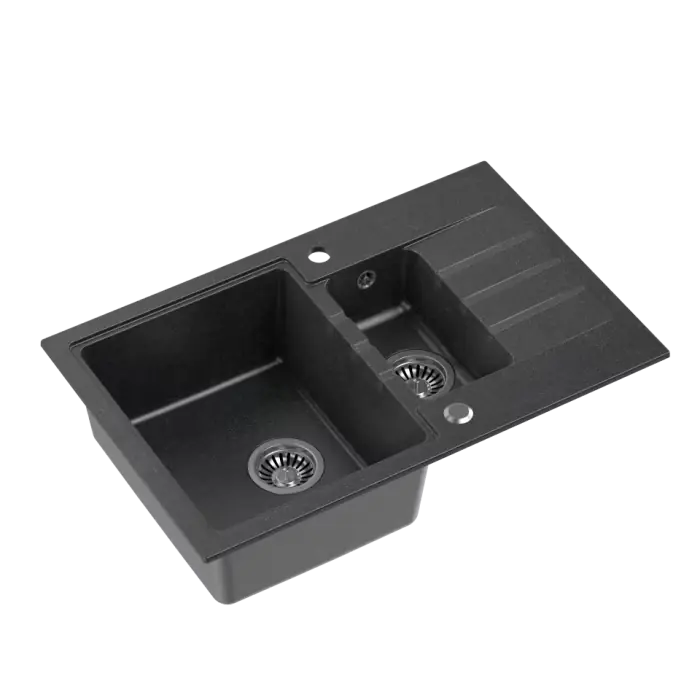 Produkt ceniony przez klientów | Peter 156 zlewozmywak 1,5-komorowy wpuszczany z ociekaczem + syfon save space black dotted / elementy stalowe HCQP57850CZK