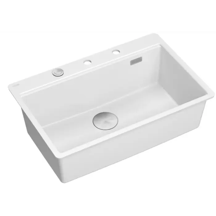 Marc 110 workstation zlewozmywak 1-komorowy wpuszczany (montaż na równi z blatem) + syfon push-2-open + dozownik + deska drewniana + wkładka ociekowa + qmata + nakładka na odpływ snow white / elementy stalowe HQM7650U1_FM_BS - Do wyczerpania zapasów