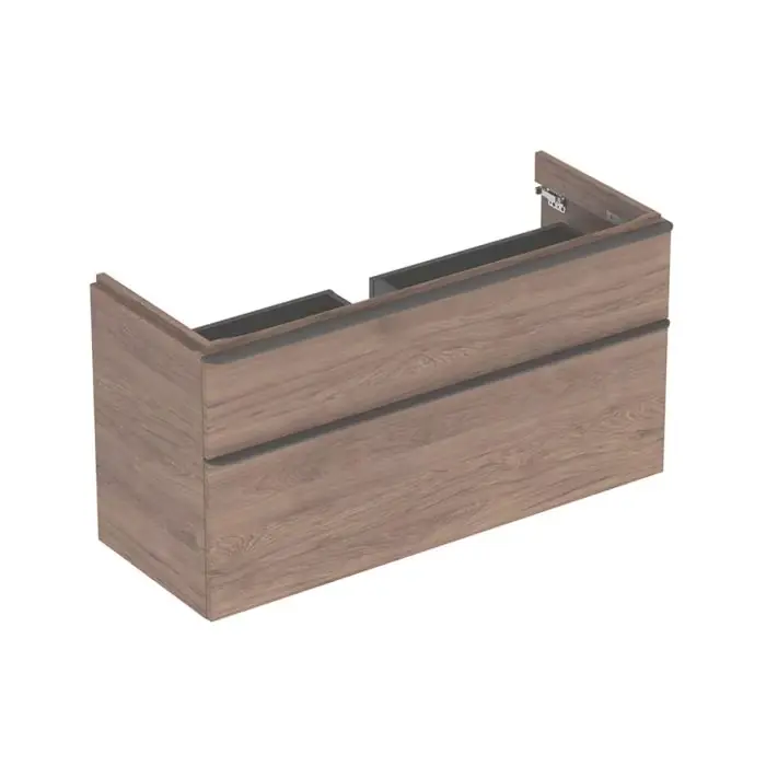 Szafka pod umywalkę smyle square, z dwoma szufladami szerokość umywalki=120cm, h=61.7cm, korpus i front orzech hickory / melaminowa struktura drewna, uchwyt lava / malowany proszkowo, matowy 500.355.JR.1 - Premium
