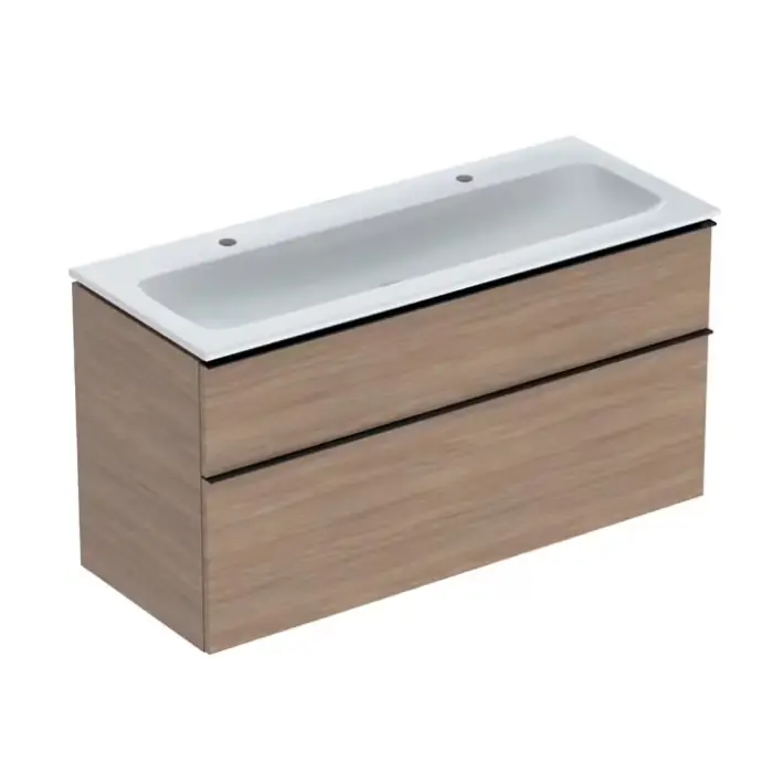 Zestaw umywalki meblowej icon, slim rim, z szafką pod umywalkę, z dwoma szufladami i odpływowo-przelewowym do umywalki b=120cm, umywalka biały, korpus i front dąb / melaminowa struktura drewna, uchwyt lava / malowany proszkowo, matowy 502.338.JH.1 - Obniżka