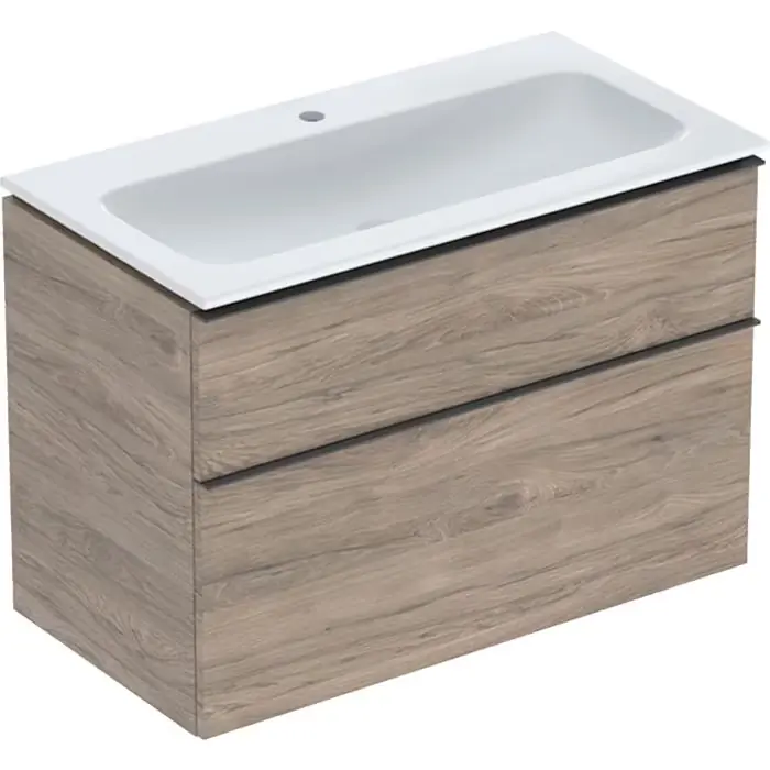 Zestaw umywalki meblowej icon slim rim, z szafką pod umywalkę, z dwoma szufladami i zestawem odpływowo-przelewowym do umywalki b=90cm, umywalka biały /keratect, korpus i front orzech hickory / melaminowa struktura drewna, uchwyt lava / malowany p... 502.333.JR.1 | Top oferta