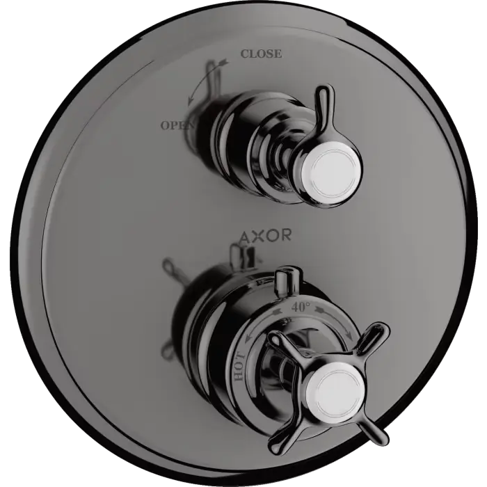 Montreux bateria termostatyczna z uchwytem krzyżowym i zaworem odcinającym do 1 odbiornika, podtynkowa czarny chrom polerowany 16800330 - Świetna oferta