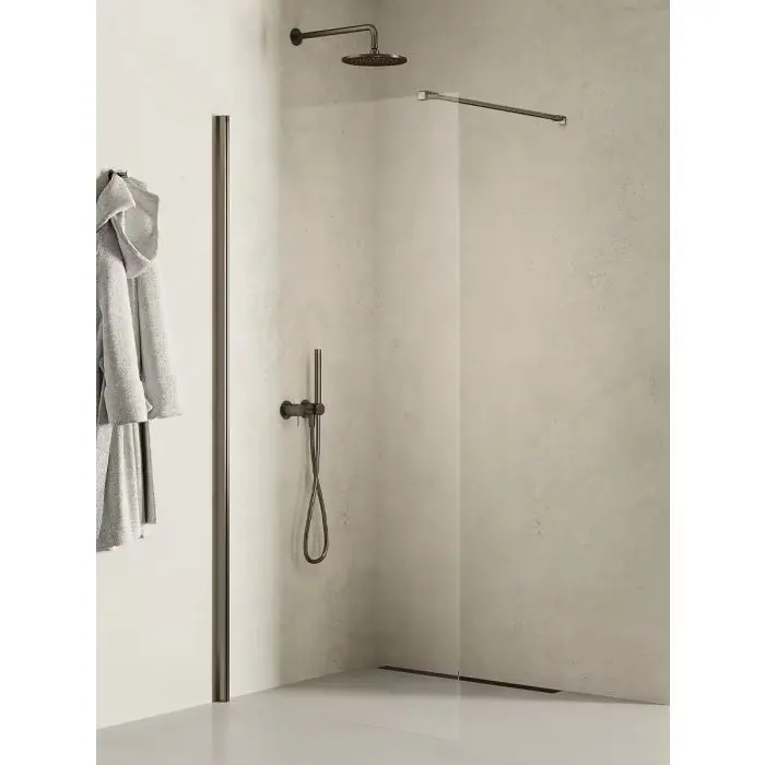 Nowość | Kabina prysznicowa new soleo gunmetal brushed walk-in u 90x195 szkło czyste 6mm active shield - wspornik prostopadły K-2261-WP