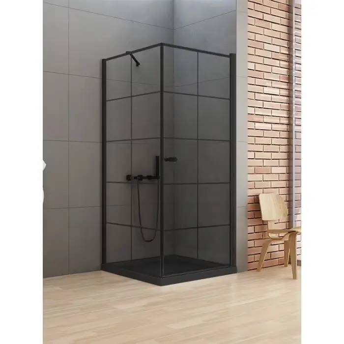 Kabina new soleo black 1d kwadratowa l 90x90x195 szkło czyste 6mm active shield 2.0 - wzór kratka - wsp. równoległy D-0285A/D-0120B-WP - Wielka wyprzedaż