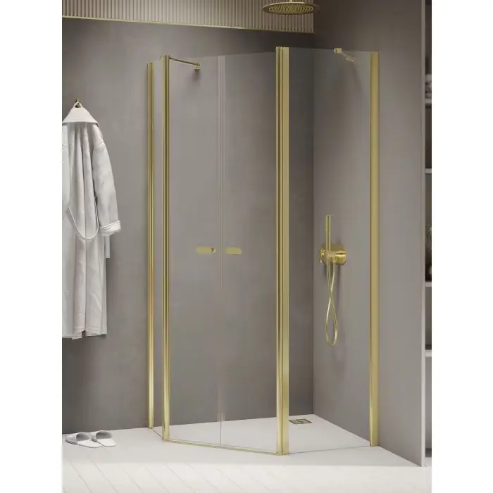 Nz2 kabina prysznicowa new soleo light gold 2d pięciokątna asymetryczna 100x80x195 szkło czyste 6mm active shield K-1669 | Bezpośrednio z fabryki