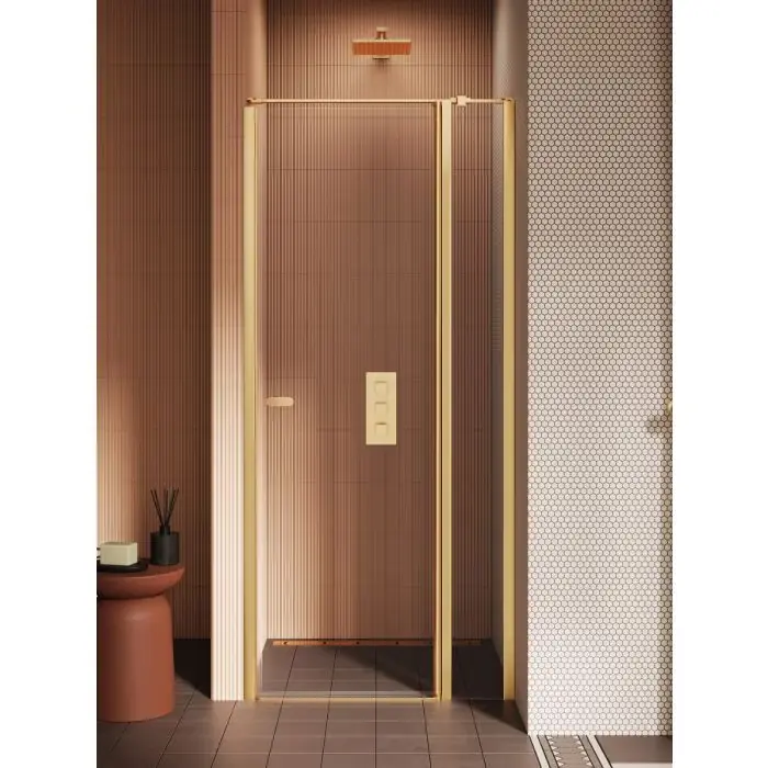 Darmowy zwrot | Nz2 drzwi wnękowe new soleo gold brushed 1d u 100x195 szkło czyste 6mm active shield 2.0 - z elementem stałym - wsp. równoległy D-0772A-WK