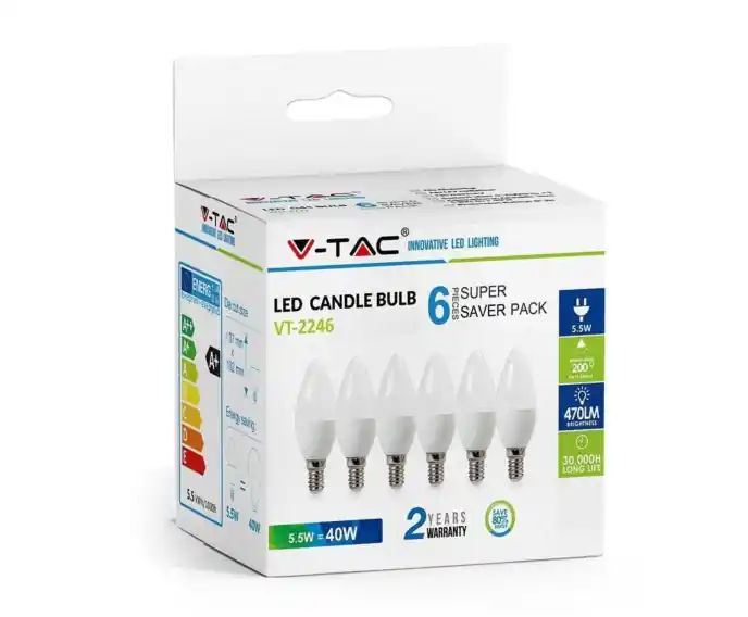 Żarówka LED V-TAC 5.5W E14 Świeczka (Opak. 6szt) VT-2246 zimna 470lm - Sprawdź teraz
