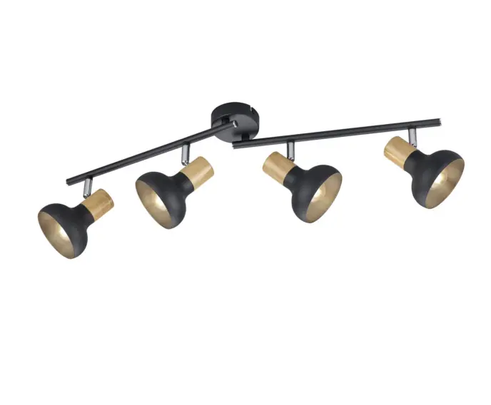 Nie przegap okazji | Lampa sufitowa listwa z czterema reflektorami czarna z jasnym drewnem LATIKA 4xE14 10W RL