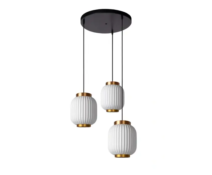 Rabat | Lampa wisząca ryflowana porcelana biała ze złotem GOSSE 3xE27 40W Lucide
