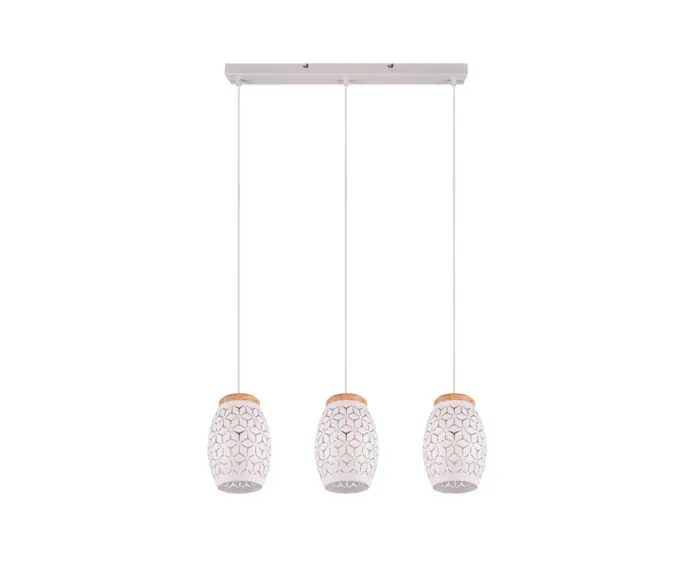 Łatwy zwrot - Lampa wisząca metalowa biała potrójna z drewnianym wykończeniem BIDAR 3xE27 28W RL
