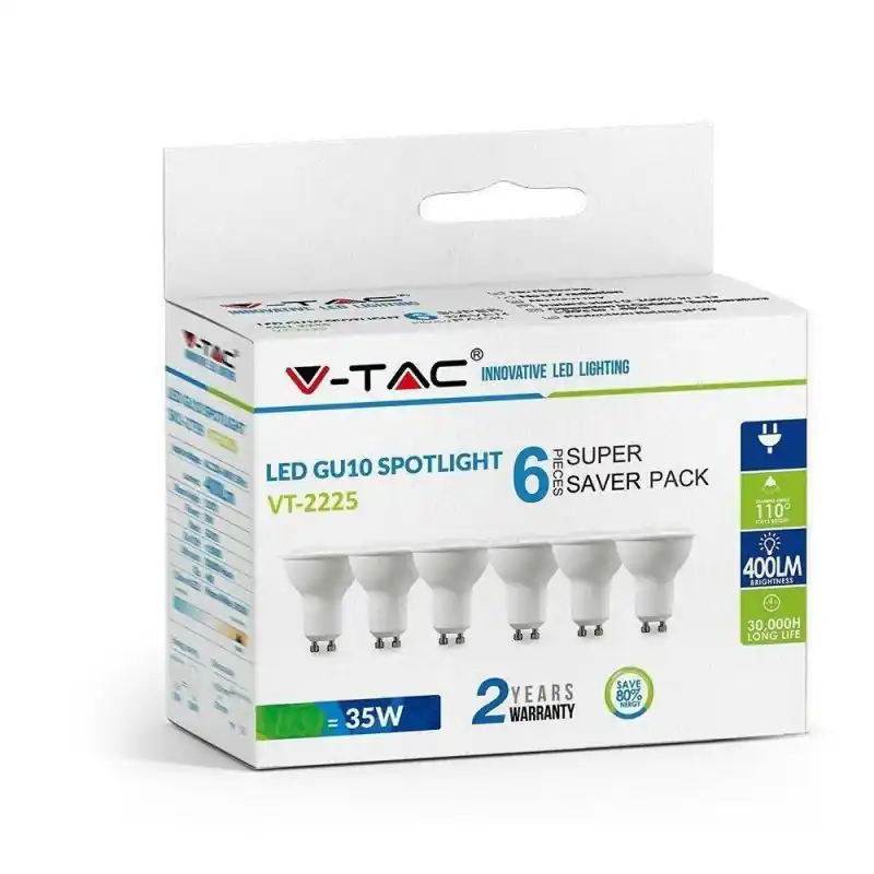Świetna cena | Żarówka LED V-TAC 4,5W GU10 SMD 110st mleczna szybka (opak. 6szt) VT-2225 6400K 400lm